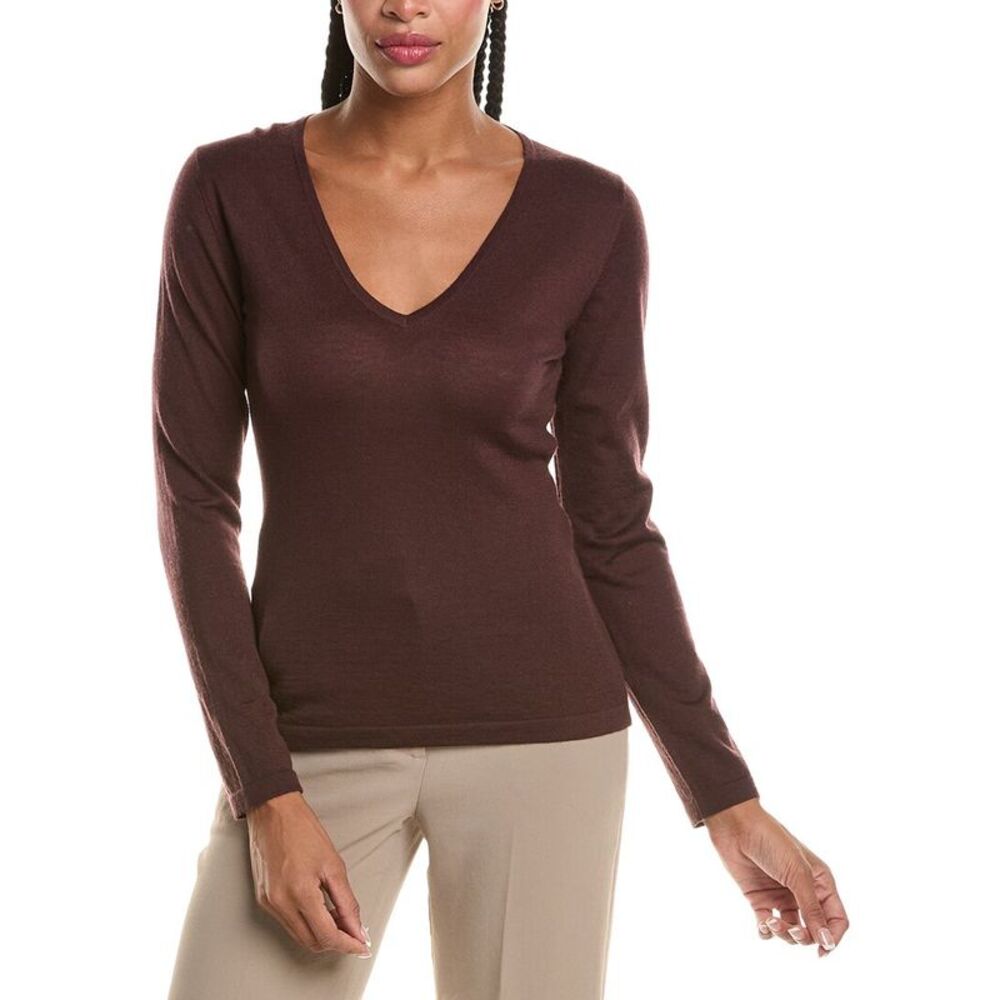 N.Peal Womens  Imogen V-Neck 100% Cashmere Sweater, Brown